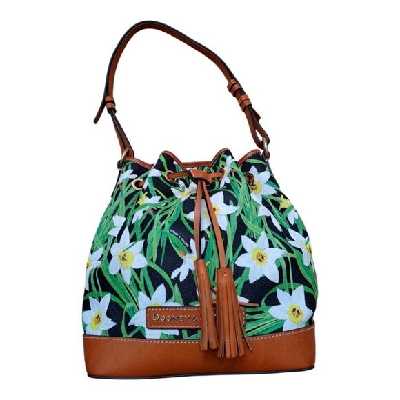DOONEY & BOURKE Black Daffodil Tassel Drawstring Bucket Bag Brown Leather Trim - Picture 1 of 15
